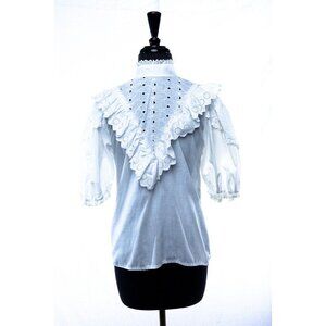 1980's The Eastside Clothing Company White Eyelet Floral Lace Blouse High Neck